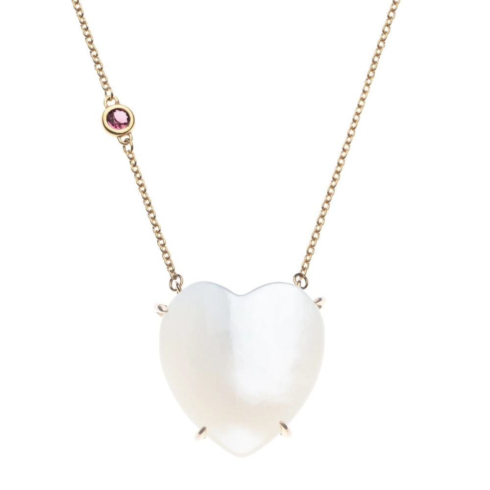 Jane Win LOVE Carved Heart Necklace with 10KT Gold Setting/Mother of Pearl.